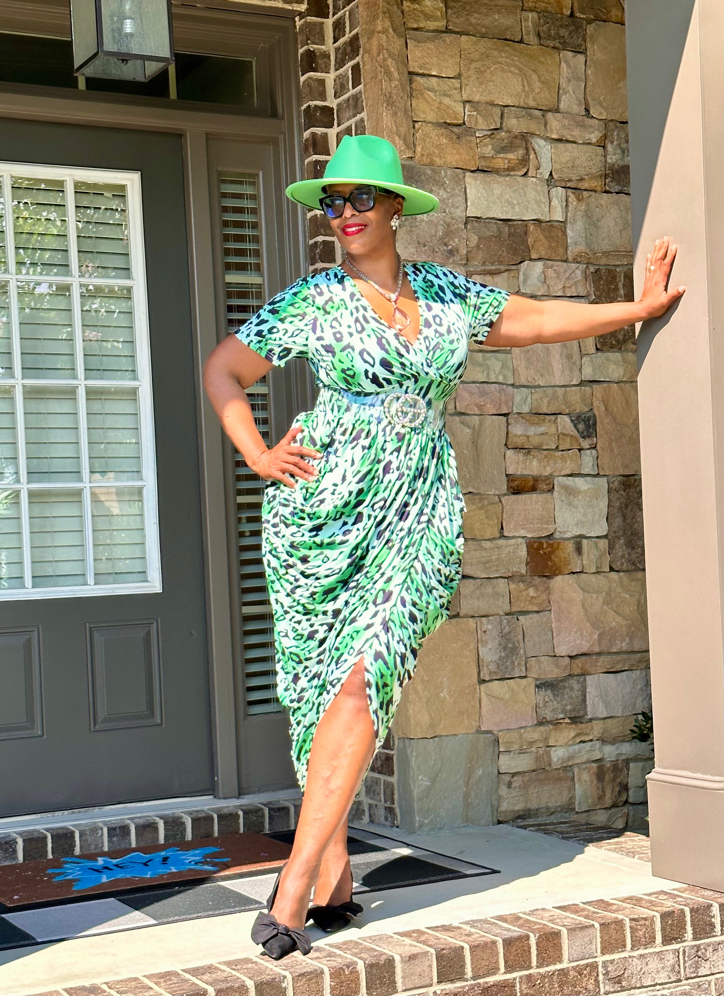 green emerald velvet dress V-Neck Leopard Print Dress