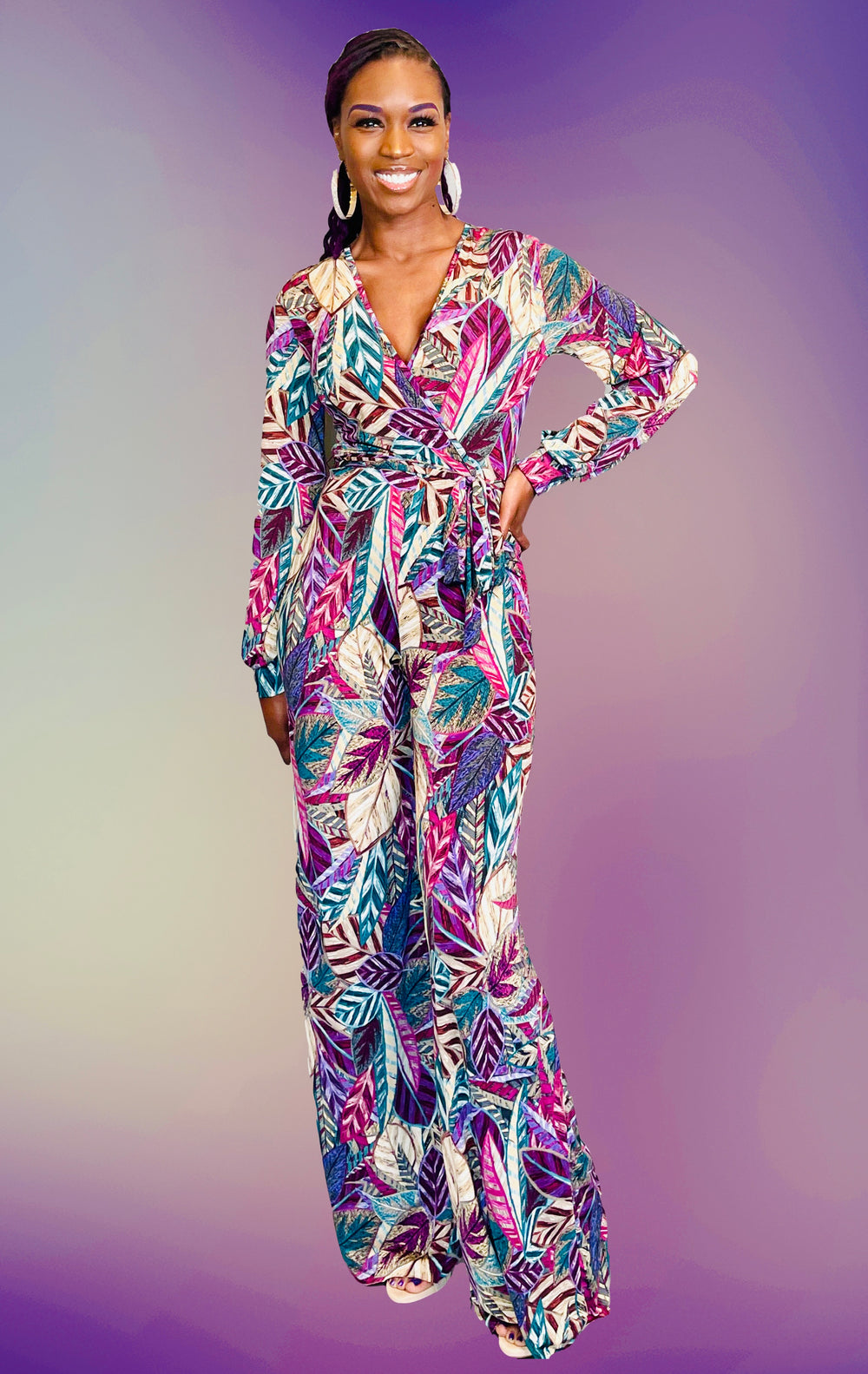 Purple Tropics Jumpsuit with Belt