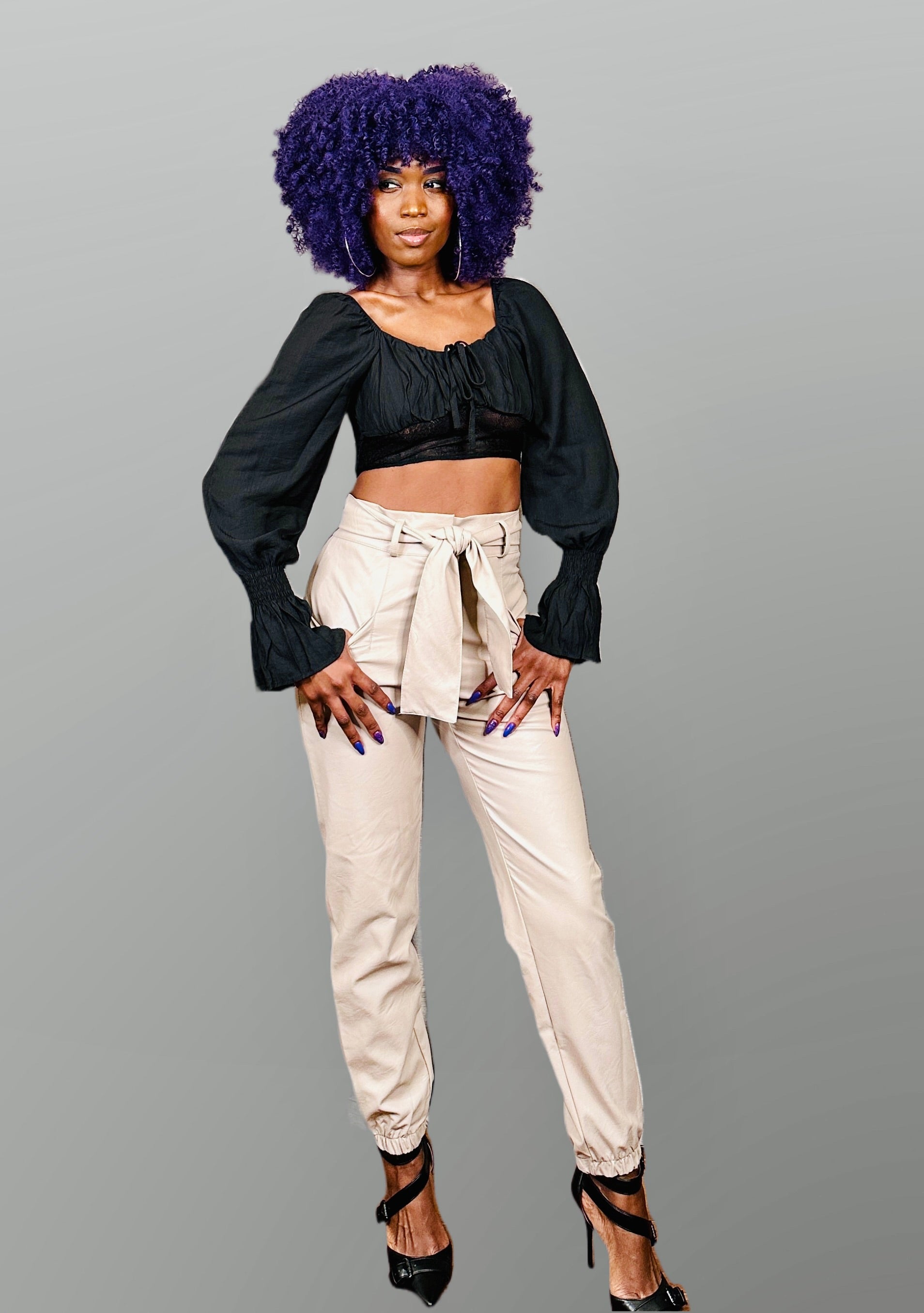 Faux Leather Belted Jogger Pants