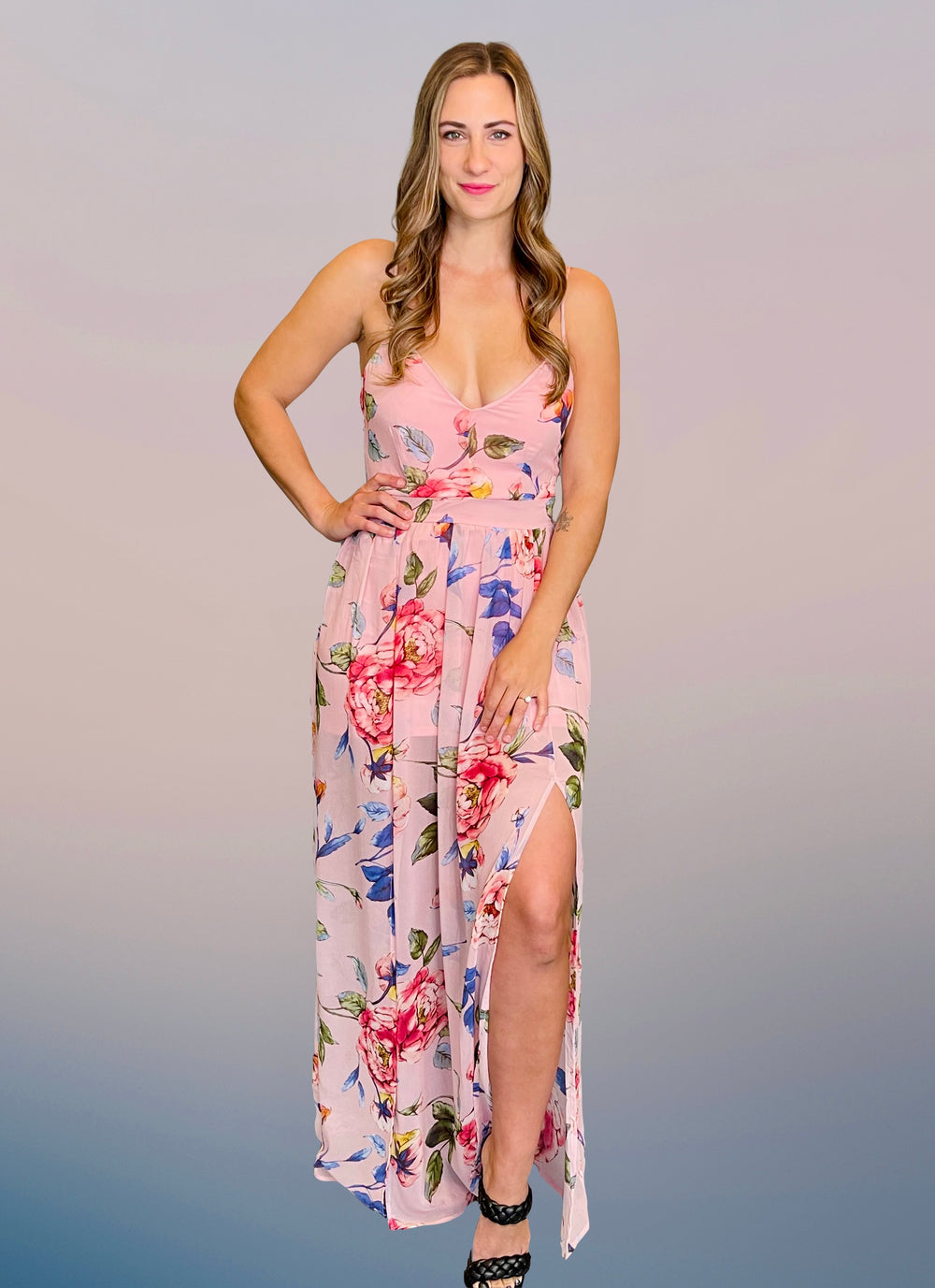 Sheer Mesh & Floral Maxi Dress