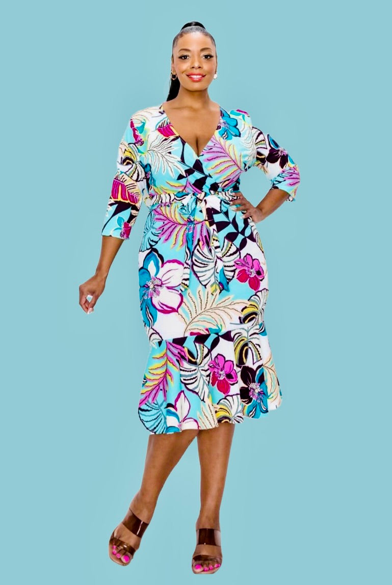 Floral Print V-Neck Midi Dress w/ Belt